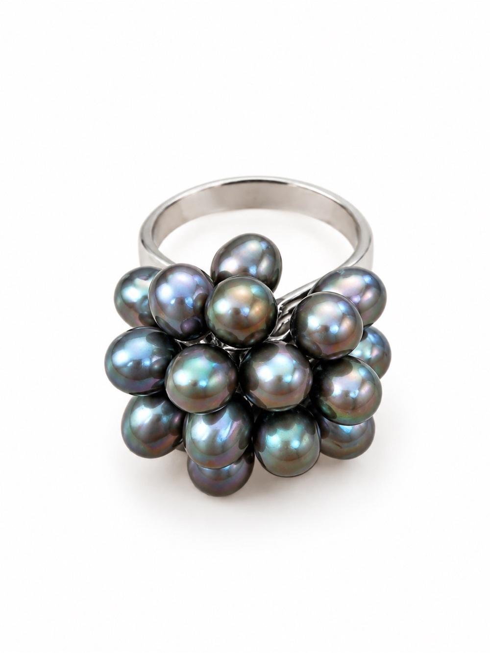 Handmade Black Pearl Cluster Silver-Tone Statement Ring